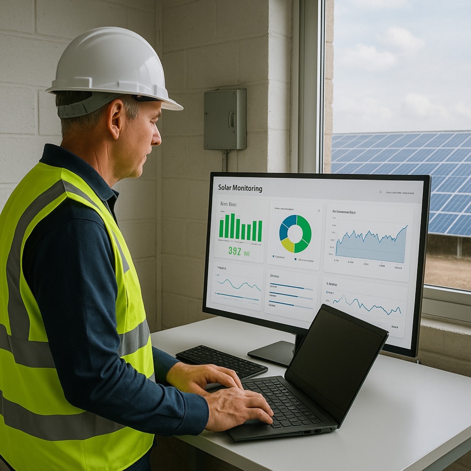 A person in a hard hat and high-visibility vest stands inside an office viewing solar panel performance data on a computer monitor, with solar panels visible through the window outside.