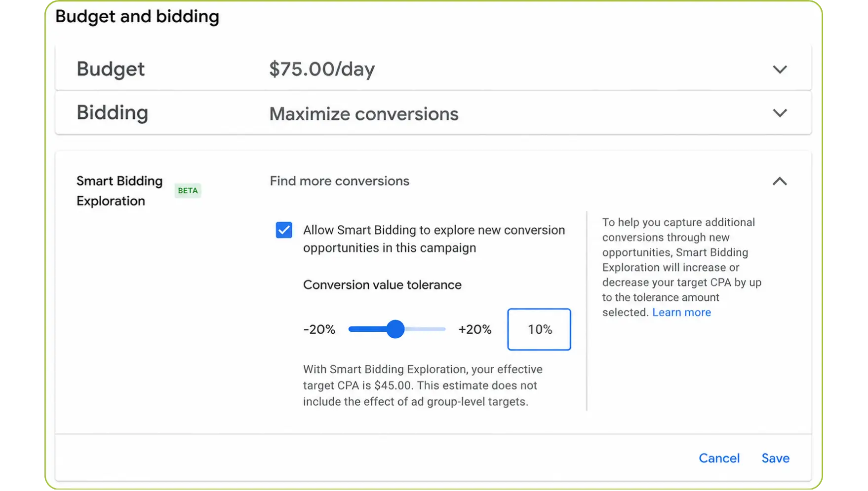 Settings interface for campaign daily budget and Smart Bidding options