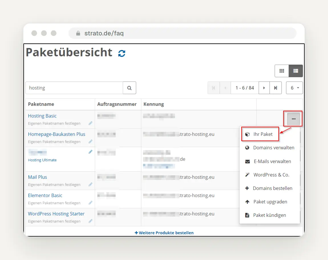 STRATO Customer Login: Package Overview with the three-dot menu open and the "Your Package" entry