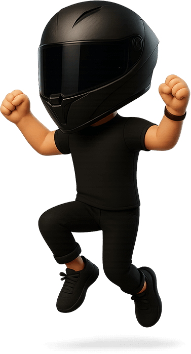 Cartoon biker jumping happilly.