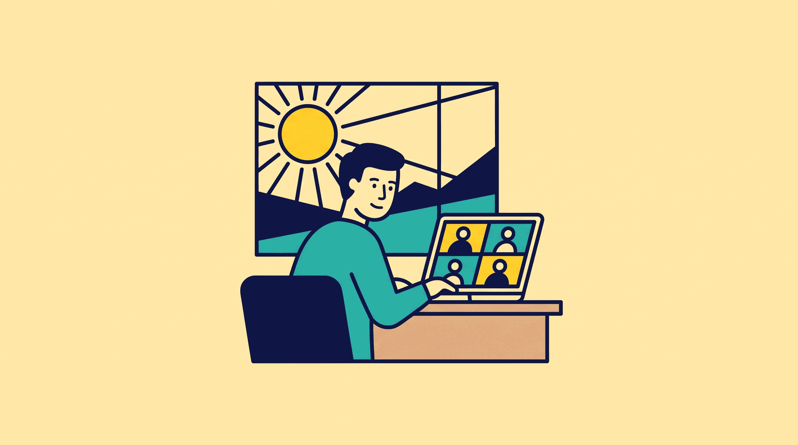 Flat illustration: a person on a video call on a laptop, a sun shining through a window behind them