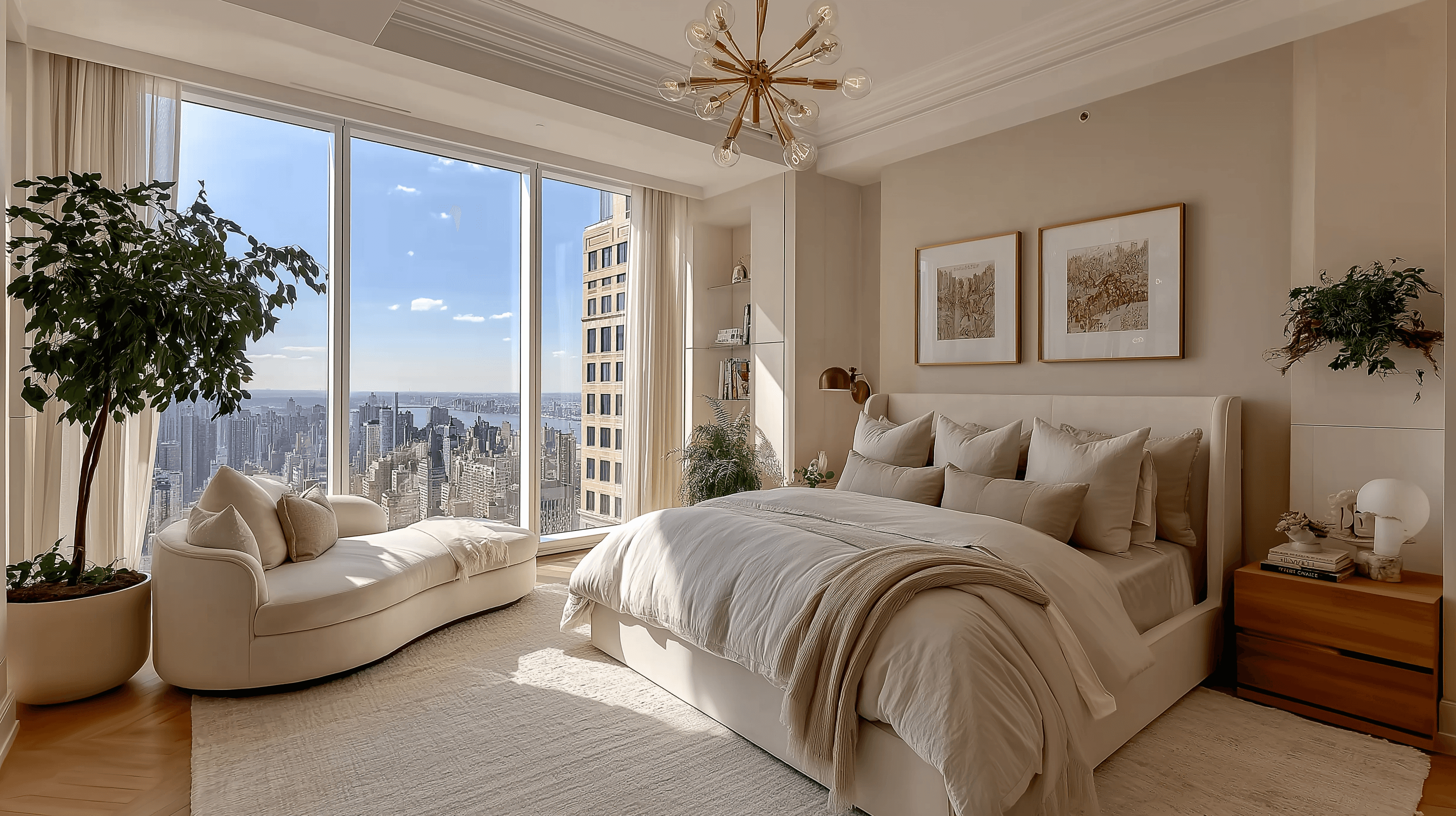 Bright, luxurious bedroom featuring a white bed, a curved cream chaise lounge, and floor-to-ceiling windows offering a vast panoramic view of the New York City skyline and river.