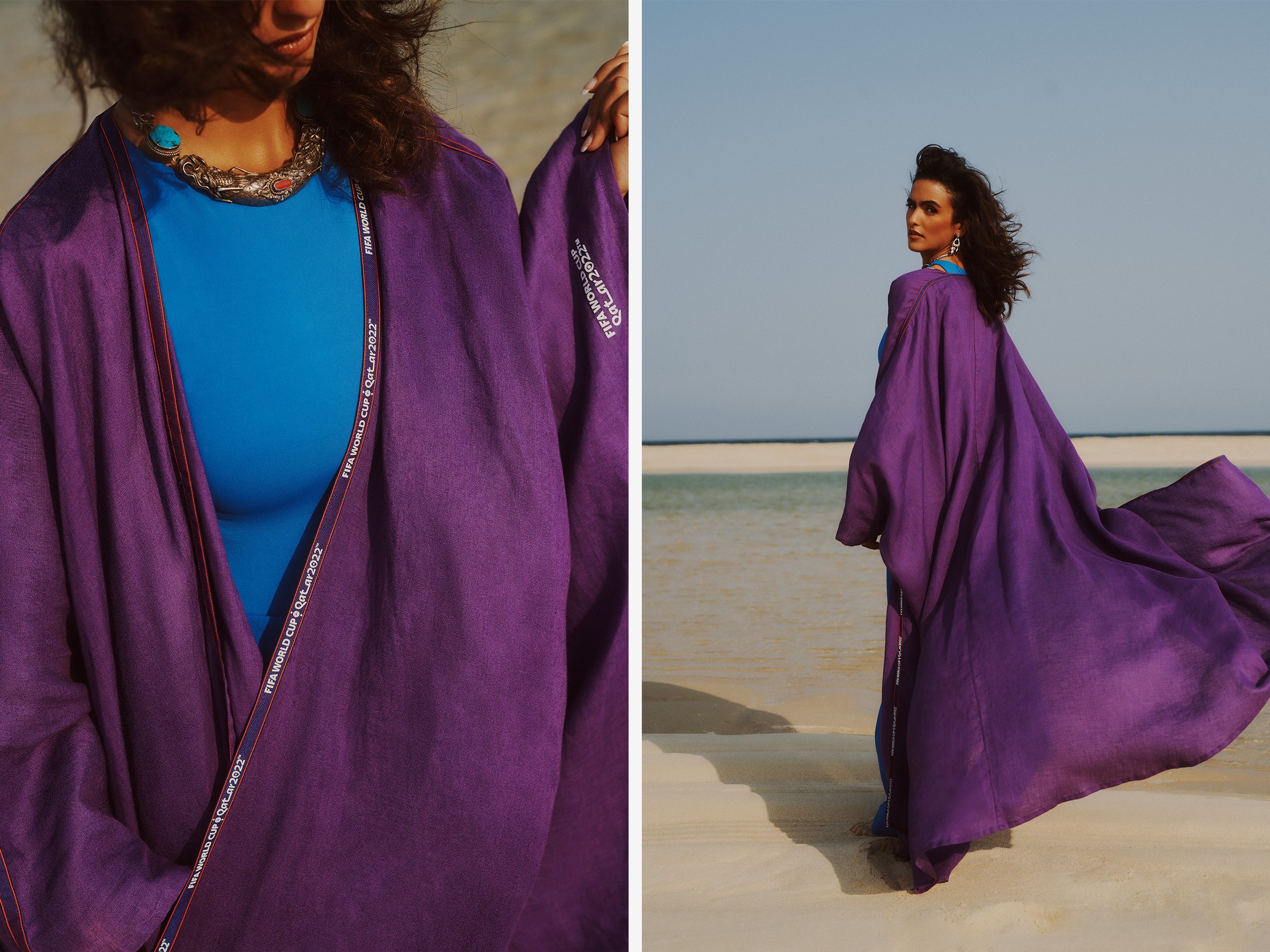 A royal purple abaya over a bright blue top, shown in close-up and full-length on a sandbar.