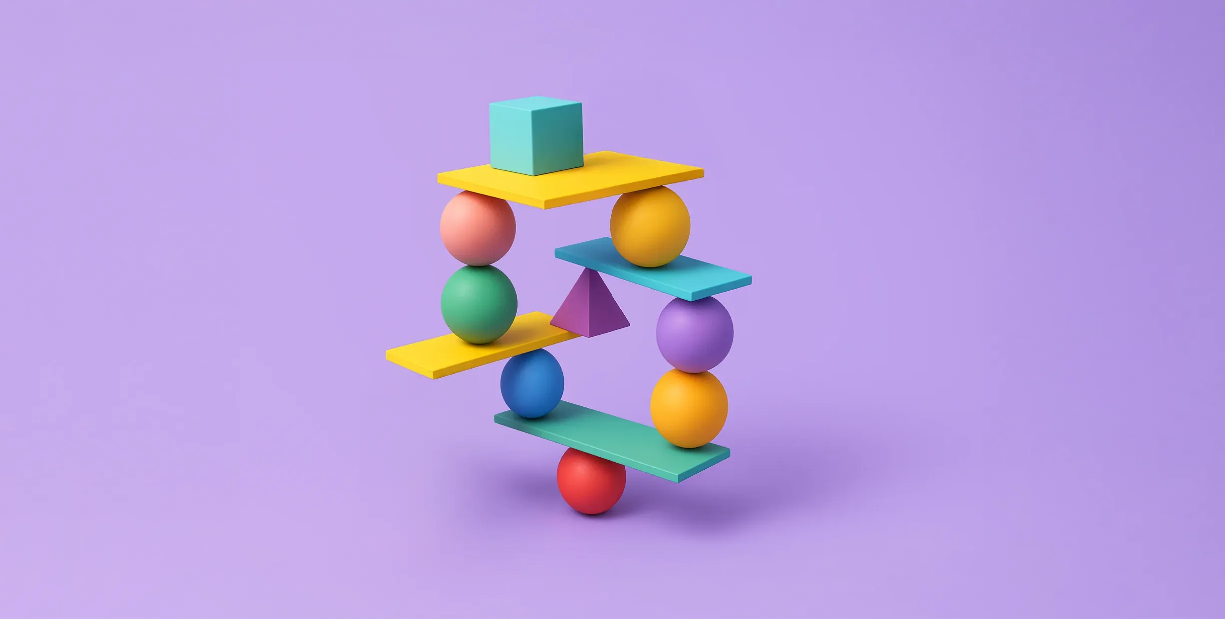 Image of colorful spheres, rectangular tiles, and other shapes balanced onto each other in a tower. The background is light purple.