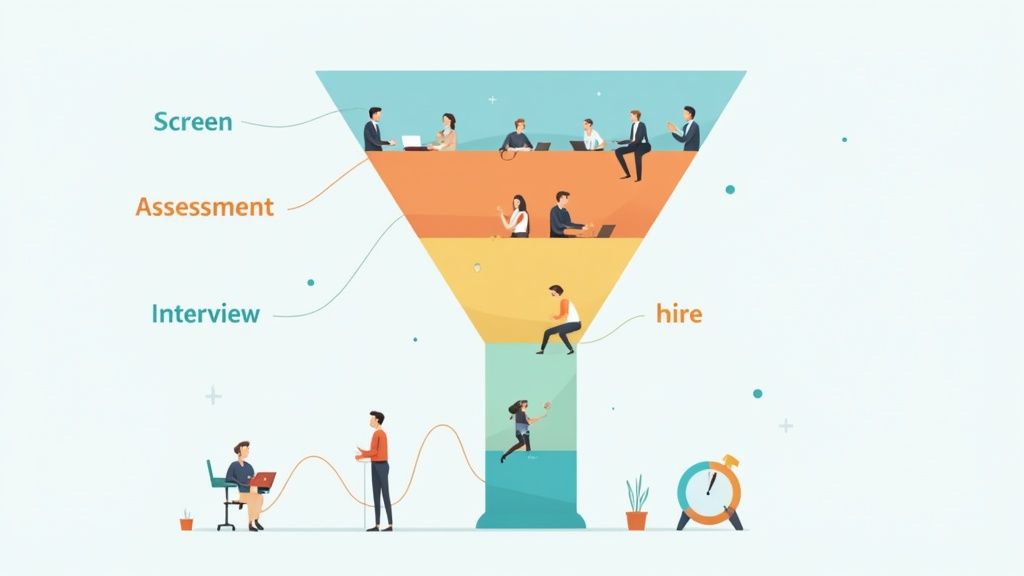 An illustration of a hiring funnel with stages, showing where skills assessment fits in.