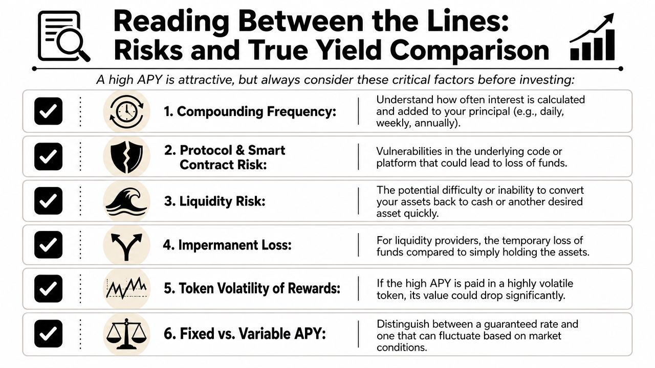 An infographic detailing six critical factors to consider, such as risk and yield, before investing in APY.