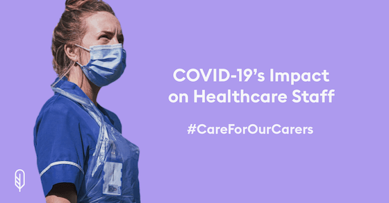 Nurse wearing a face mask with text about COVID-19’s impact on healthcare staff and hashtag #CareForOurCarers.