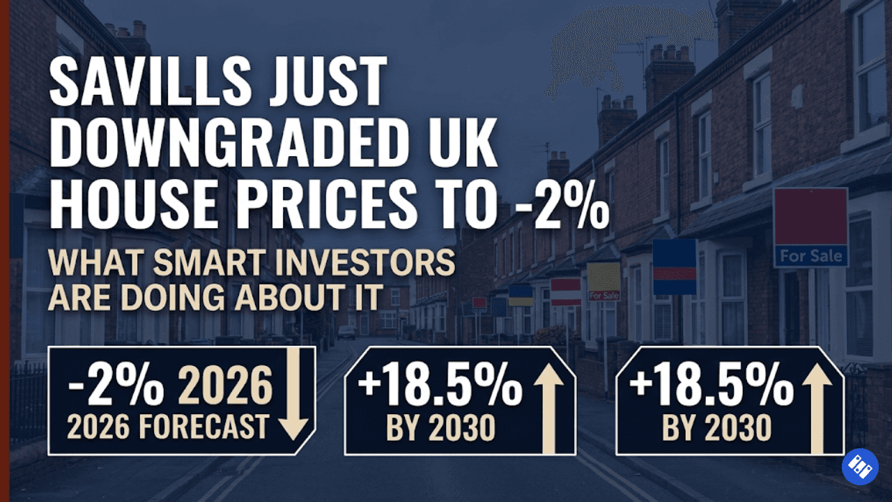A UK residential street lined with For Sale boards — Savills house price forecast 2026 downgraded to -2% and what property investors should do
