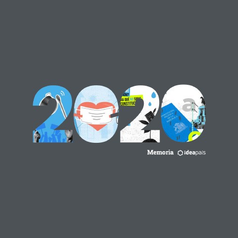 Portada de Memoria Anual 2020, documento de transparencia de IdeaPaís, mostrando un collage de fotografías sobre fondo gris.