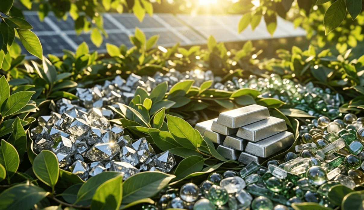 An abstract concept representing green circular economy and sustainability, showing recycled raw materials like refined silicon, aluminum ingots, and glass alongside green leaves and solar energy visuals, realistic photographic quality, 16:9 aspect ratio, high resolution, no text, no logos