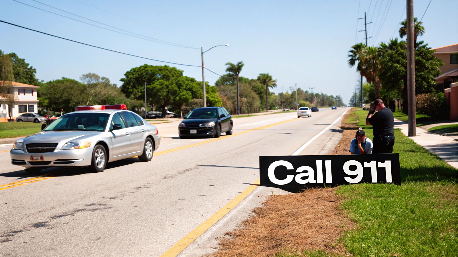 A silver emergency vehicle with flashing lights on a road next to a 'Call 911' sign and two men.