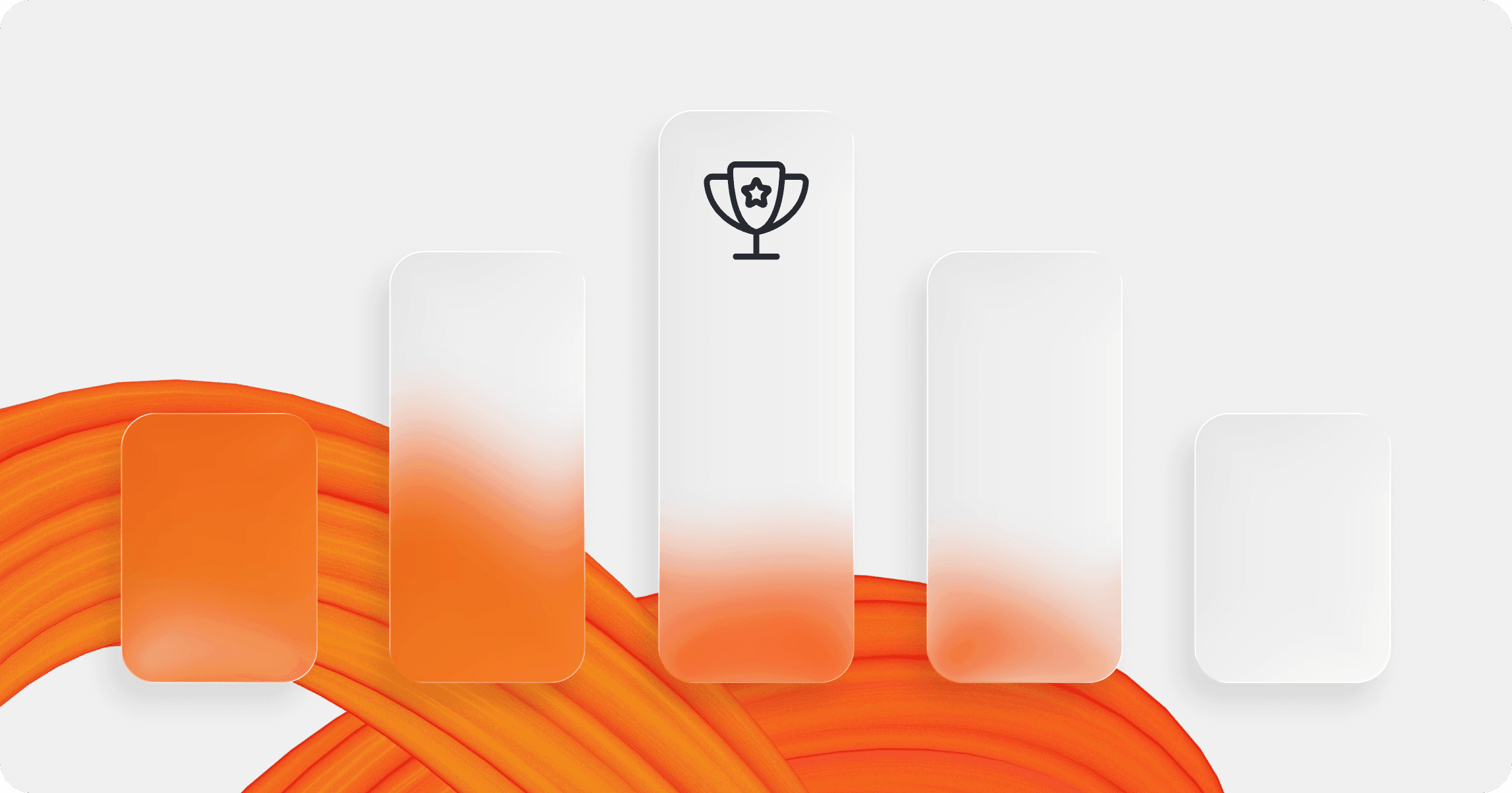 An illustration showing a trophy icon on a transparent glass panel over a white and orange background