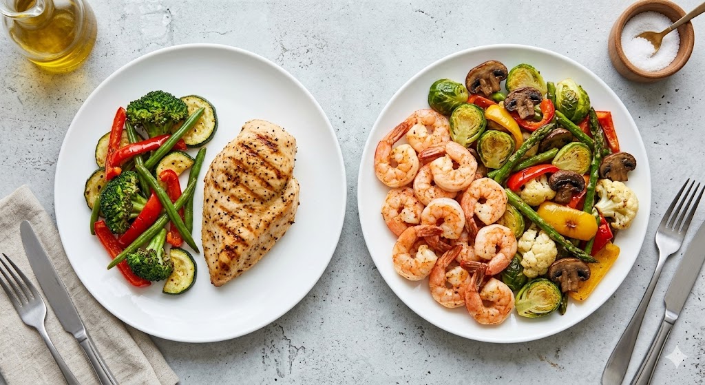Top-down view comparing two healthy high-protein meal plates on a gray concrete surface. The left plate shows a grilled chicken breast with a side of green vegetables (broccoli, green beans, and red peppers). The right plate features a portion of grilled shrimp with mixed roasted vegetables (broccoli, brussels sprouts, peppers, cauliflower, asparagus, and mushrooms). Cutlery, an olive oil bottle, and a salt cellar are placed nearby.