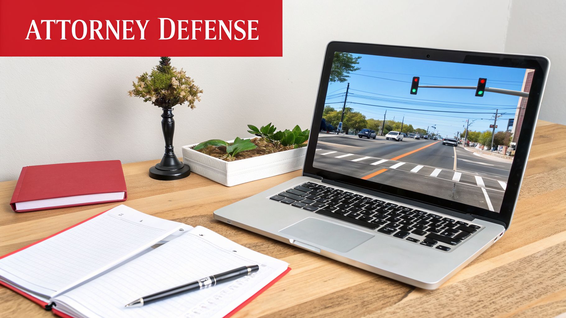 A lawyer's desk with a laptop displaying a traffic intersection, a notebook, and a red book.