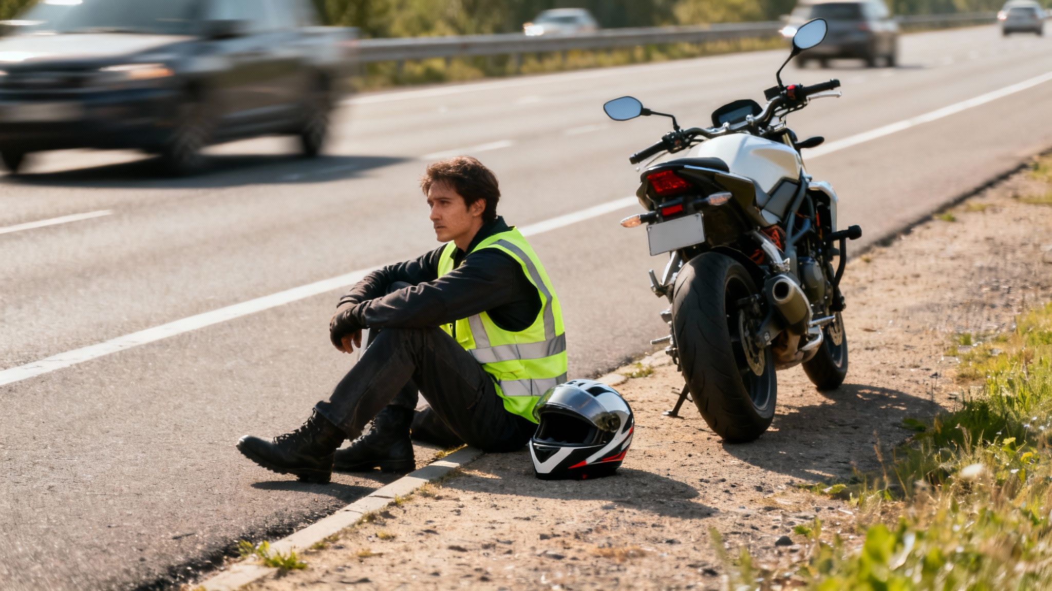 A man in a high-visibility vest sits dejectedly beside his broken-down motorcycle on a highway shoulder.