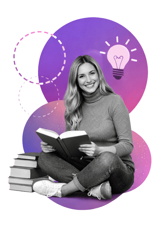 Student sitting with books and reading, with abstract graphics representing knowledge and ideas