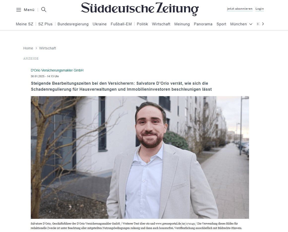 Screenshot eines Artikels mit Salvatore D´Orio aus der Zeitschrift Süddeutsche Zeitung