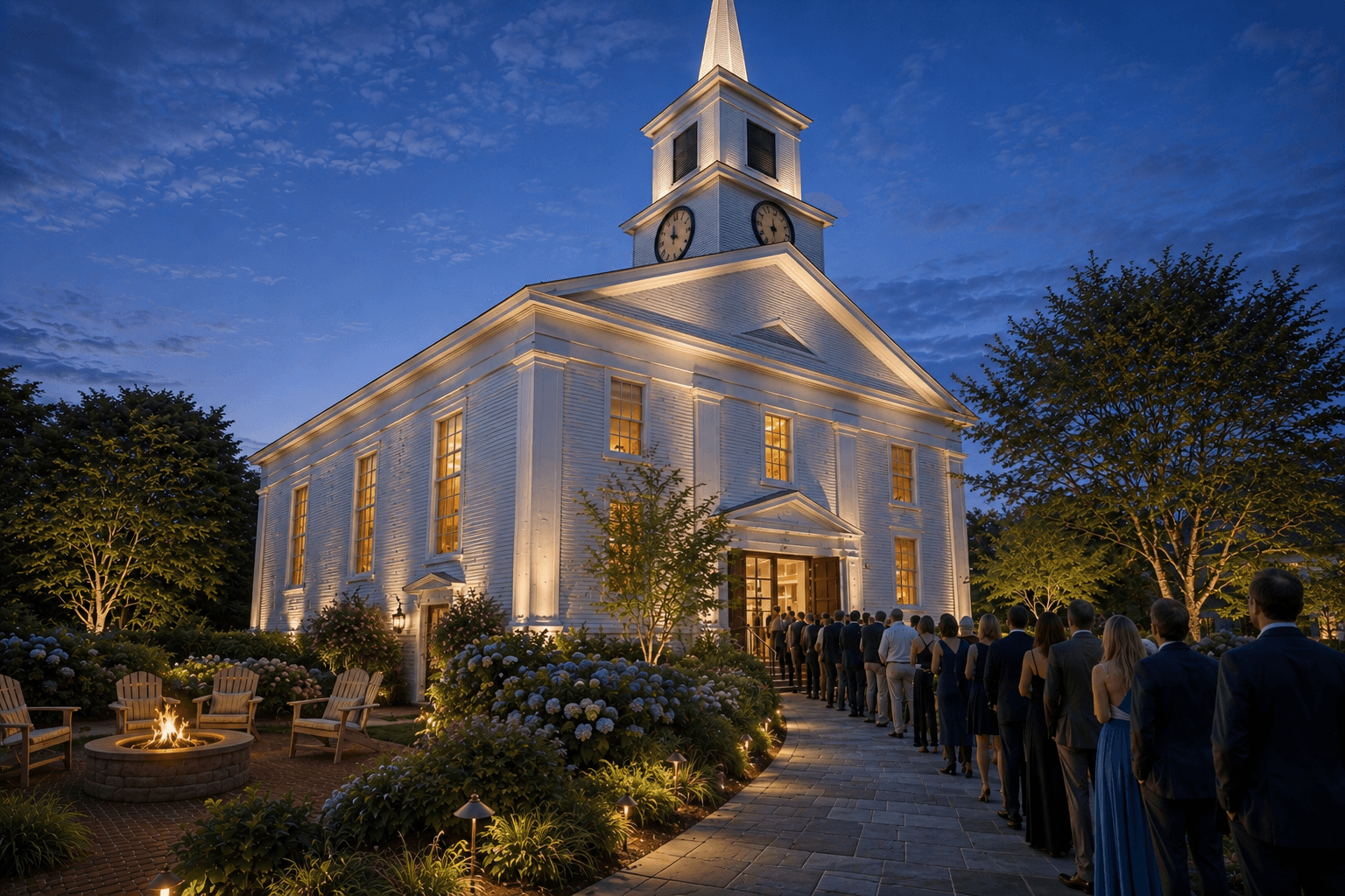 The rendering for the development of the 1841 West Harwich Baptist Church lit at dusk, with guests gathered outside