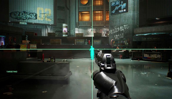Screenshot RoboCop Rogue City PC – fusillade dans les rues de Detroit sous la pluie sur KeyVerse Gaming.