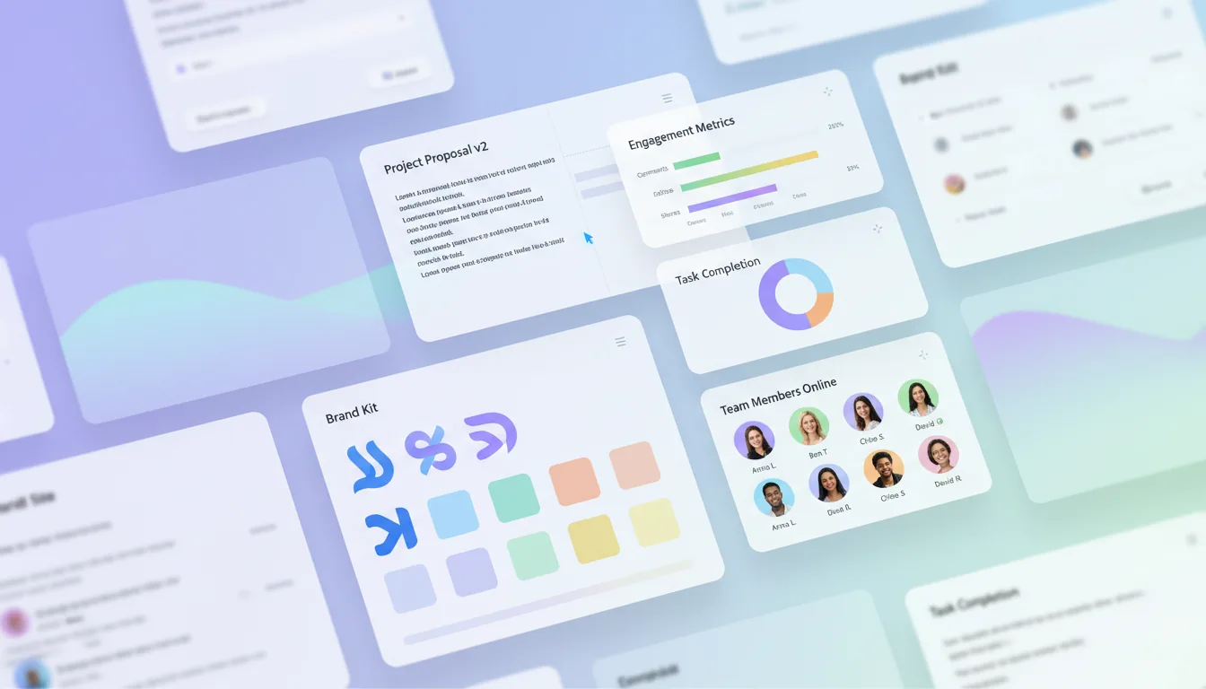 A dynamic montage of UI windows for a modern collaborative creative suite, presented in a clean light mode SaaS dashboard style. The composition features multiple overlapping cards with rounded corners and soft drop shadows, showcasing various application features. Include UI elements such as a brand kit with abstract logos and color swatches, a document editor with placeholder text lines, data visualization cards with colorful bar charts, and grids of user profile avatars. The overall color palette is bright and inviting, using soft pastel gradients of purple, blue, green, and orange.