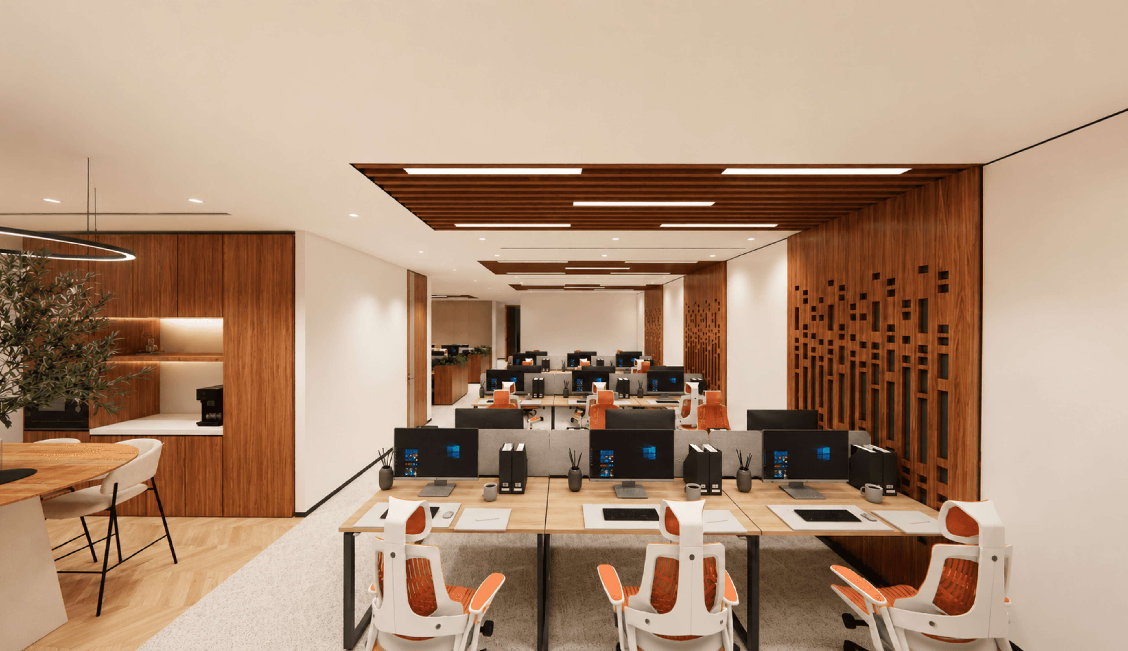 Premium serviced office spaces at Marina Plaza, featuring ergonomic furniture, modern lighting, and floor-to-ceiling windows. 