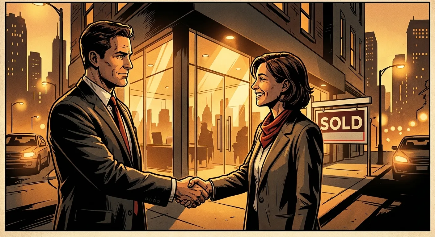 Handshake outside an office with "Sold" sign; RockN' Socials Digital Marketing.
