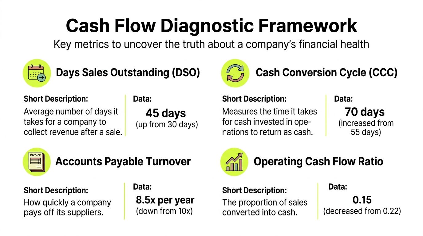 A diagnostic framework infographic showing key financial metrics including Days Sales Outstanding and Cash Conversion Cycle.