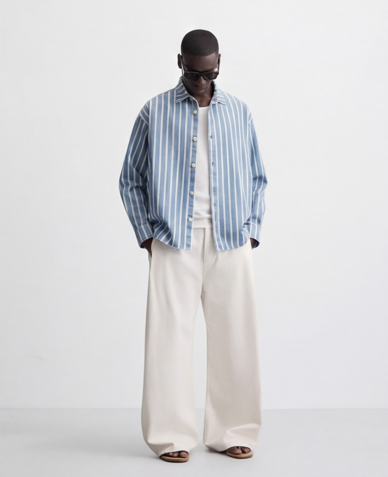 Blue Striped Overshirt with Cream Wide-Leg Trousers
