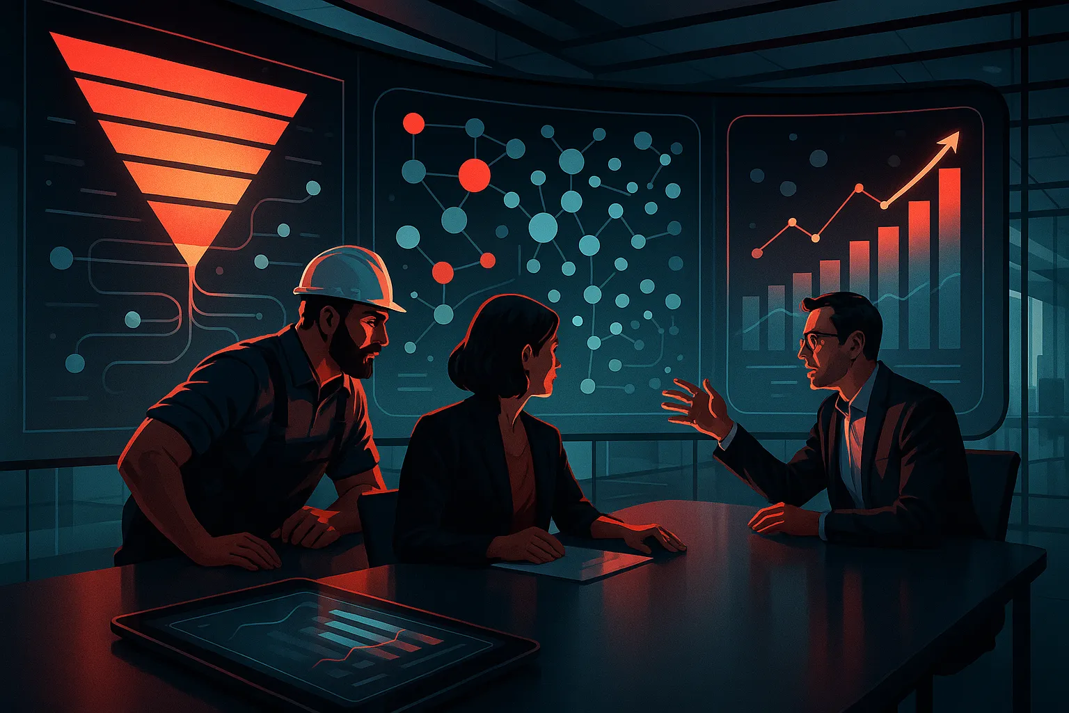 Three people discuss digital marketing strategies at RockN' Socials agency.