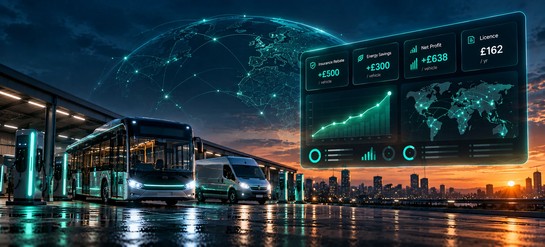 HabitIQ fleet savings dashboard above an electric bus and van at a charging depot