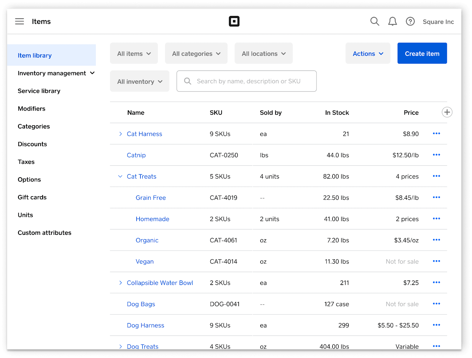 View item library, inventory management, and more in Square