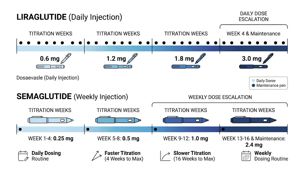 Liraglutide daily vs semaglutide weekly injection dosing schedule comparison