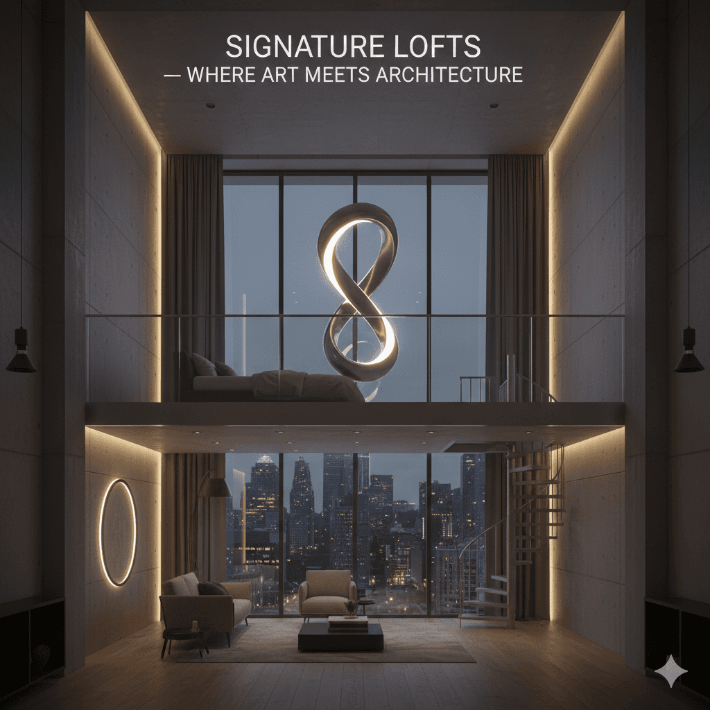 Artistic double-height loft interior with mezzanine floor and spiral staircase in Gurgaon