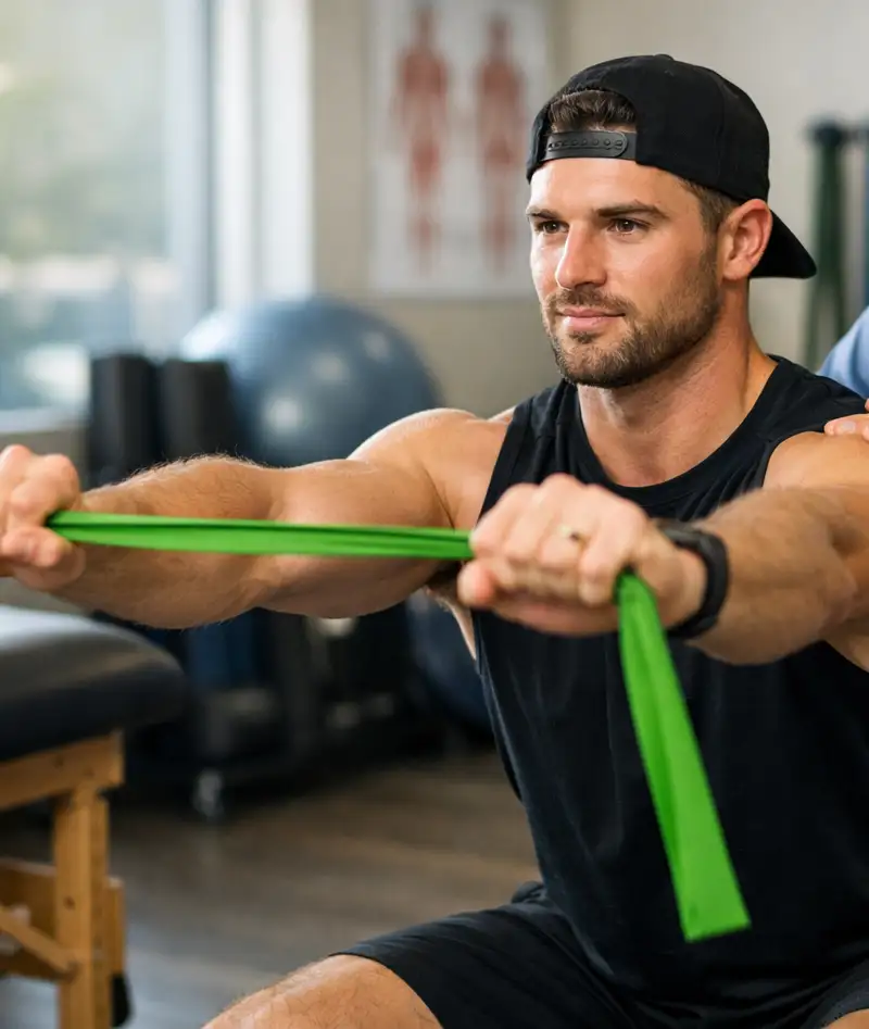 Athlete performing shoulder rehabilitation exercise with resistance band under chiropractor guidance at AMIT Clinics in Draper, Utah.