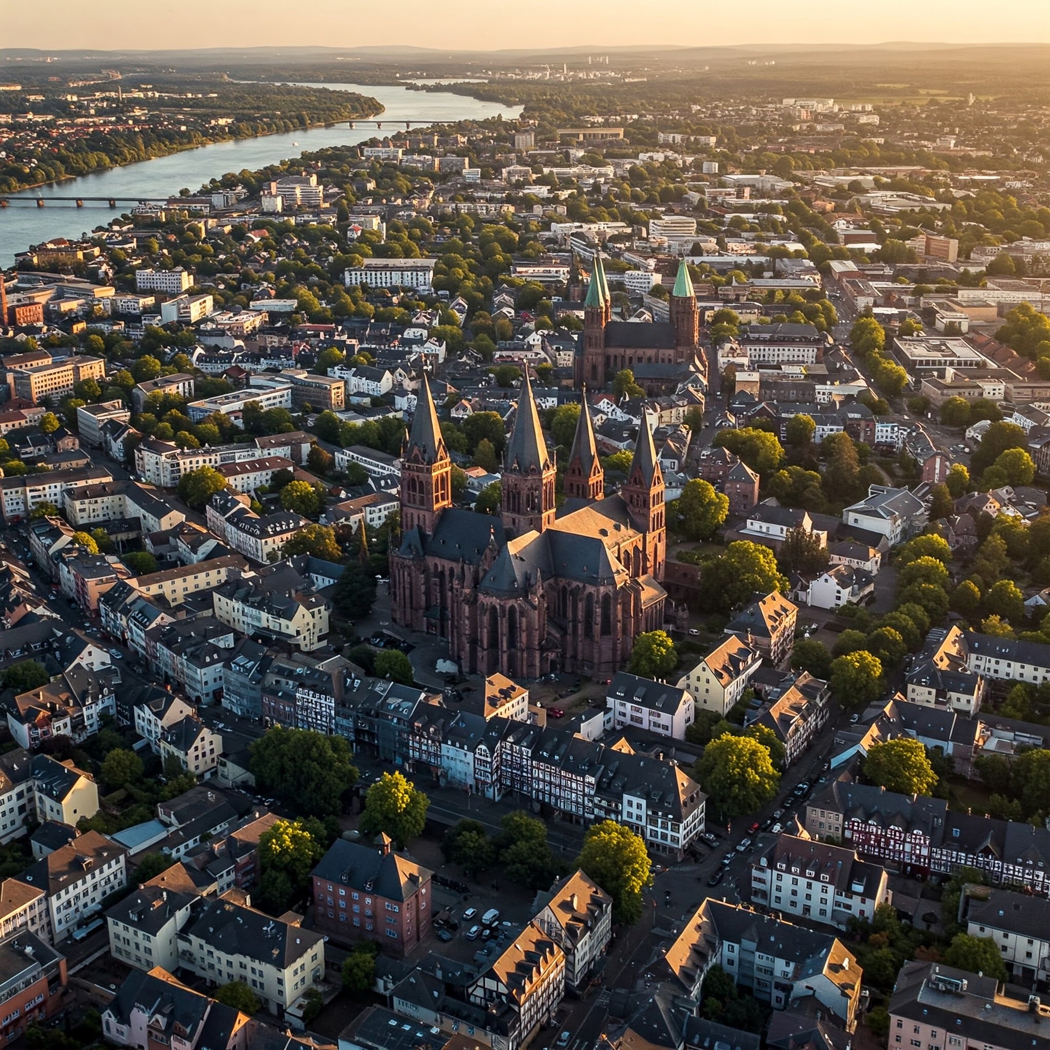 Ein Drohnenbild zeigt die Stadt Worms von oben, mit dem Rhein, der sich durch die Stadt schlängelt, und der historischen Altstadt mit dem Wormser Dom. Im Vordergrund steht ein Brautpaar, die Frau in einem weißen Kleid, der Mann in einem Anzug, Hand in Hand. Sie wirken glücklich und verliebt, während sie die Aussicht auf die Stadt genießen.