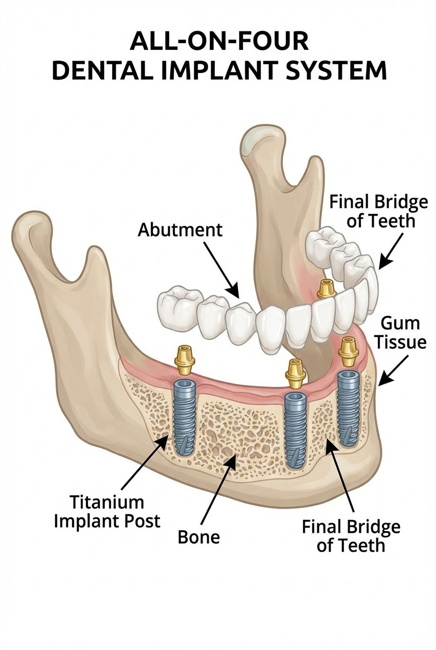 Medical illustration showing strategic all-on-4 implant positioning and bone integration for full arch restoration