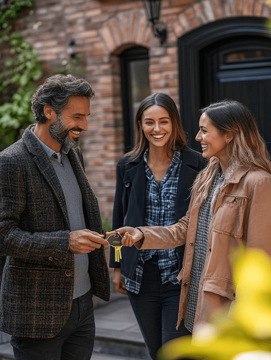 Man handing keys to smiling woman in front of house. Another woman smiles in the background. Brick building.