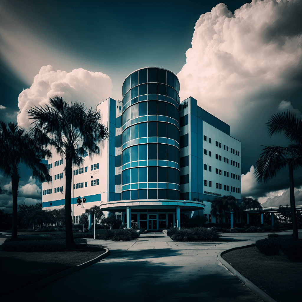 Art Deco style building with cylindrical glass tower flanked by palm trees under dramatic cloudy sky