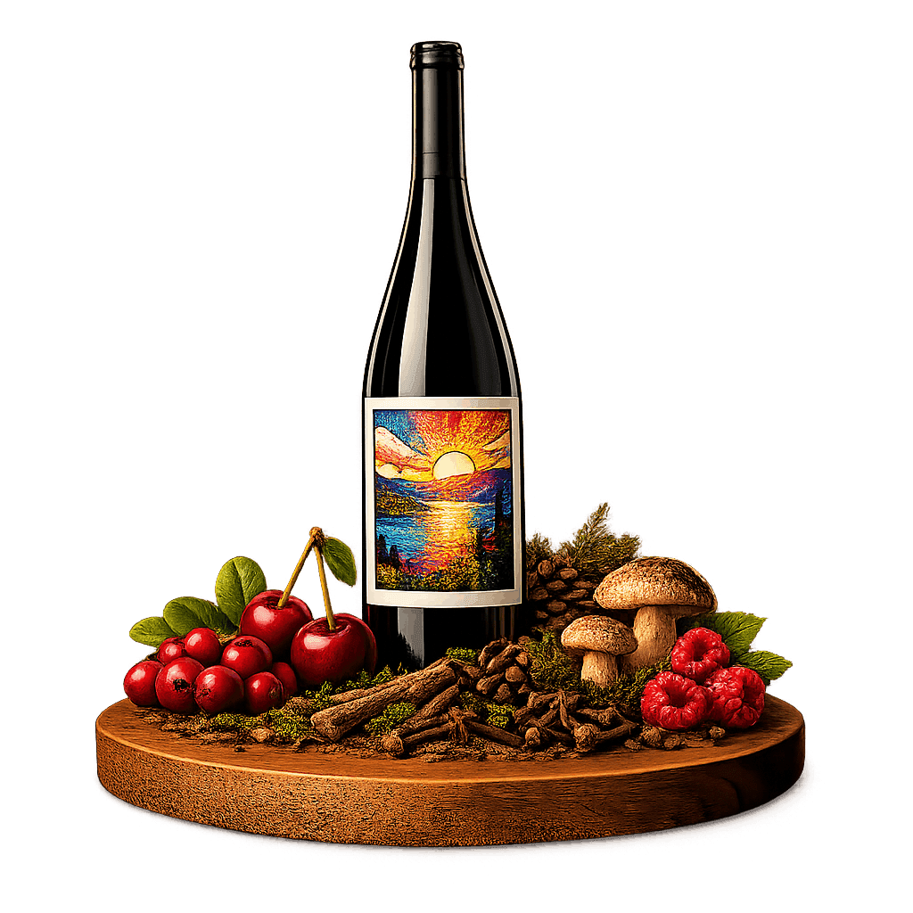 Artistic label and flavor profile for Okanagan Valley Pinot Noir on a rustic wooden table.