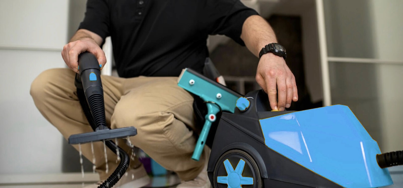 Mann kniet auf dem Boden und startet einen Kärcher