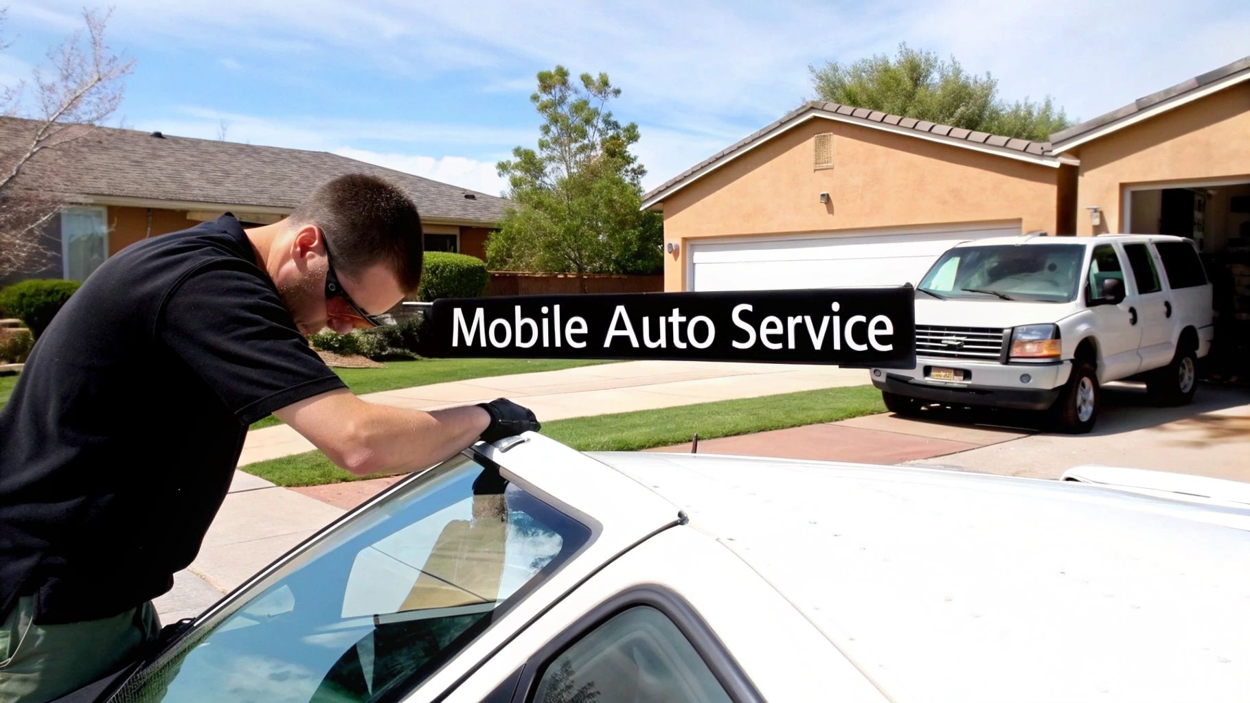 Man in sunglasses and gloves inspecting a white car windshield in a residential driveway, with a mobile auto service banner.