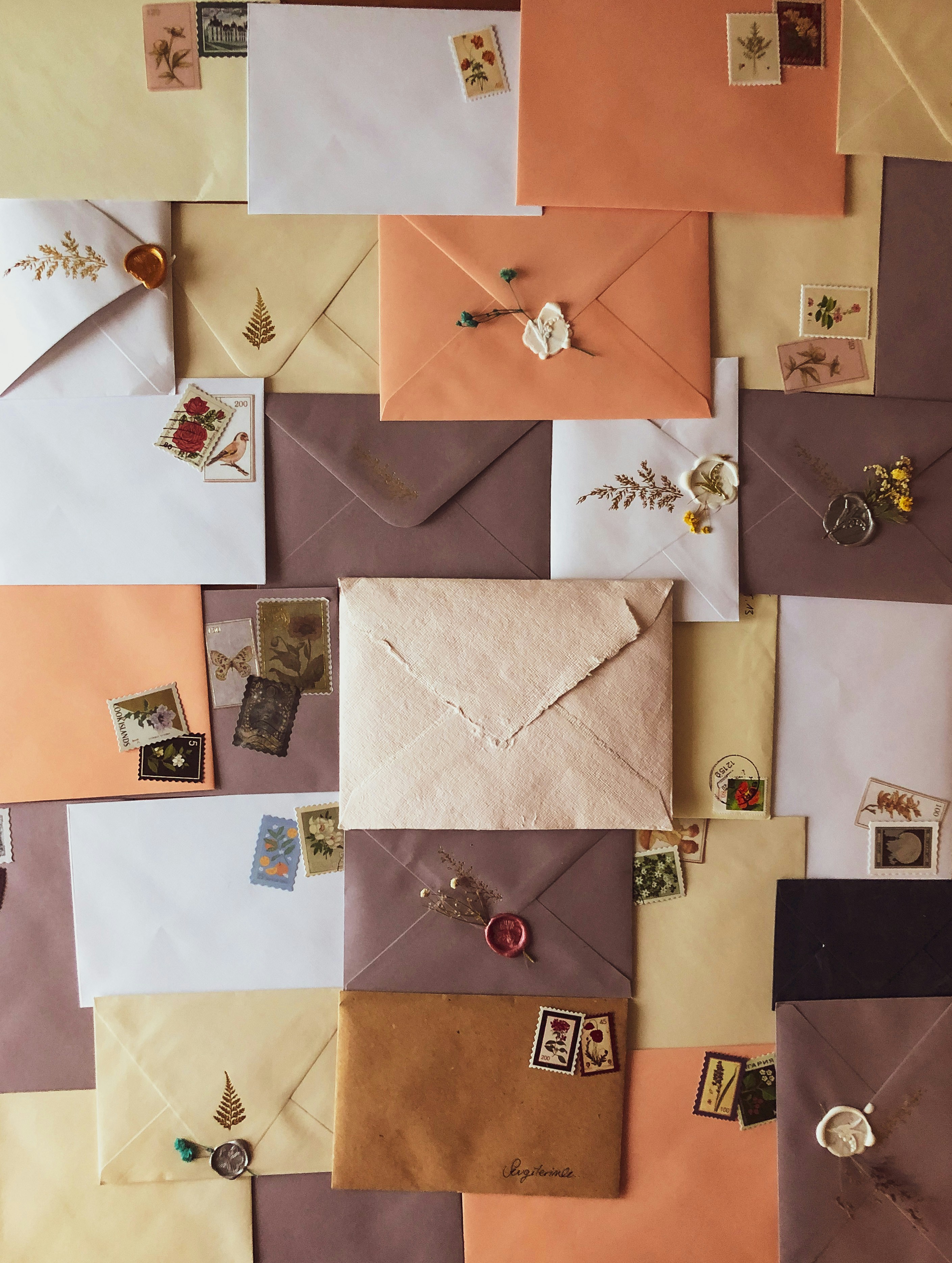 A flatlay of many different envelopes with beautiful textures, in earth tones
