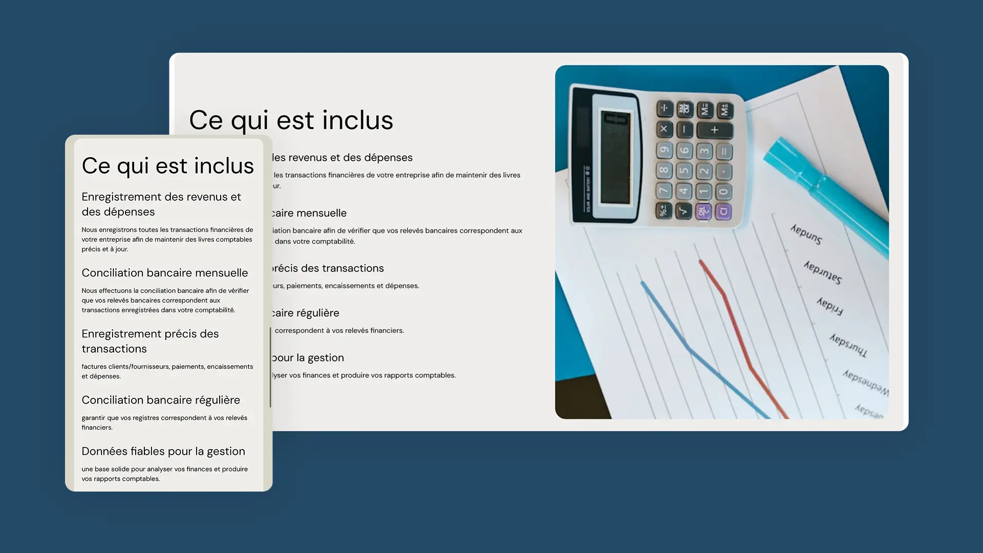Page de service du site Gestion BJM affichée sur desktop et mobile — détail des inclusions du service de tenue de livres : enregistrement des transactions, conciliation bancaire et rapports financiers