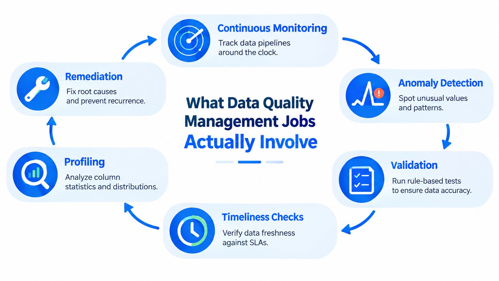 A circular diagram illustrating the six key responsibilities involved in data quality management processes.