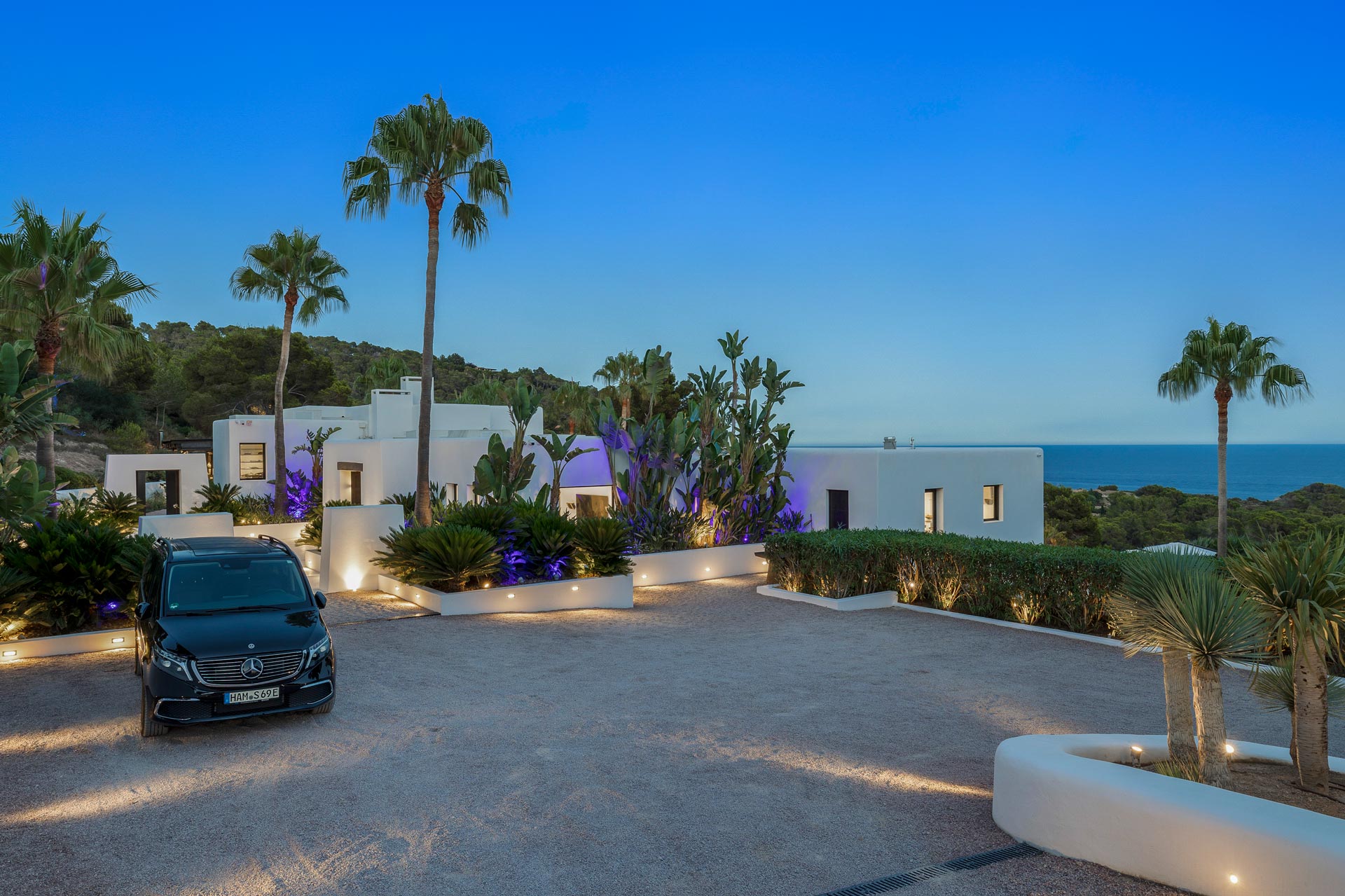Nighttime parking at an exclusive luxury villa Ibiza—private VIP estate property with privacy