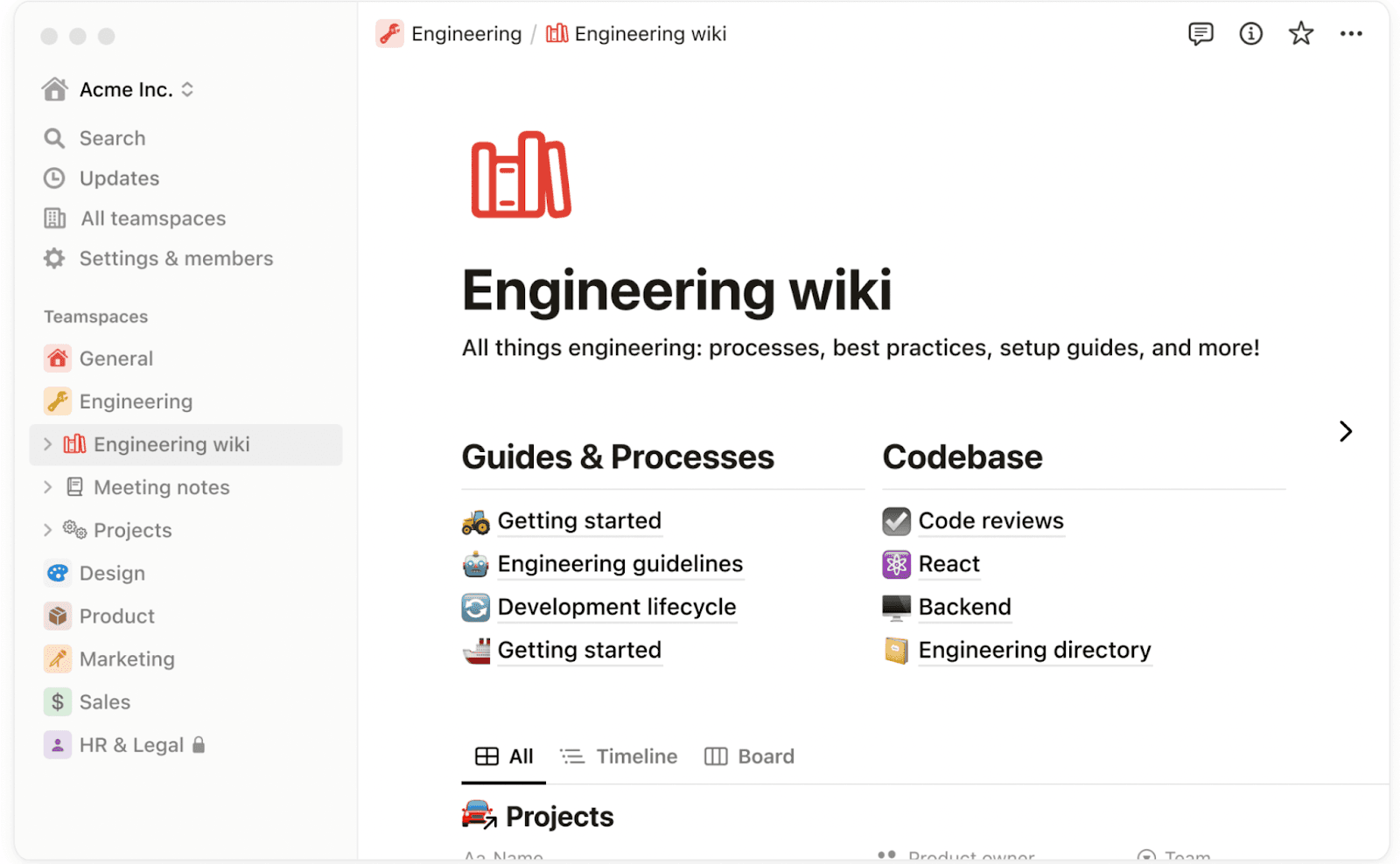 Notion dashboard with a wiki page example