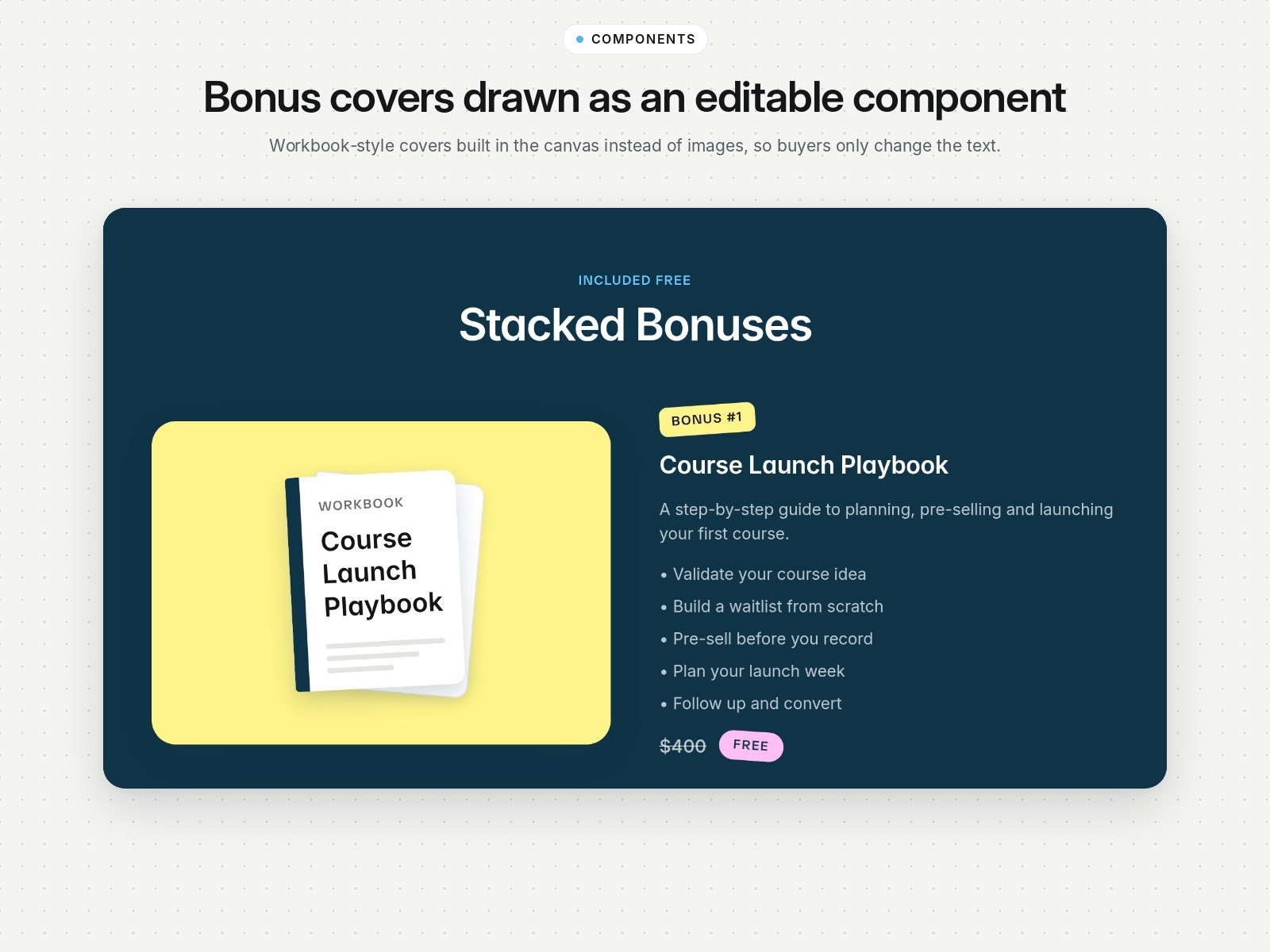 Stacked bonuses section with a drawn workbook cover
