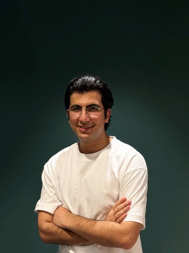 persona portrait image man with orange background and person's image on top