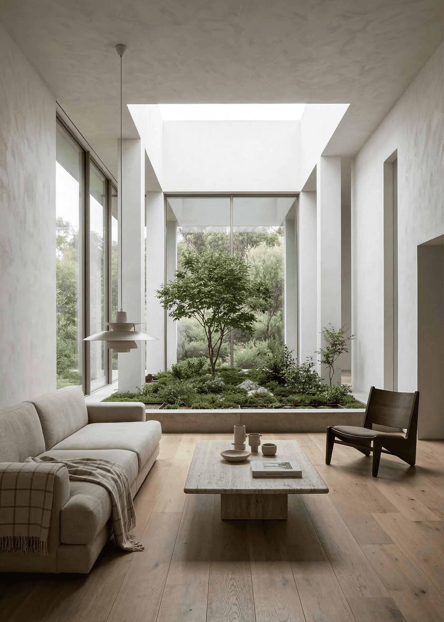 Minimalist terracotta space with open courtyard, geometric steps, and natural light.
