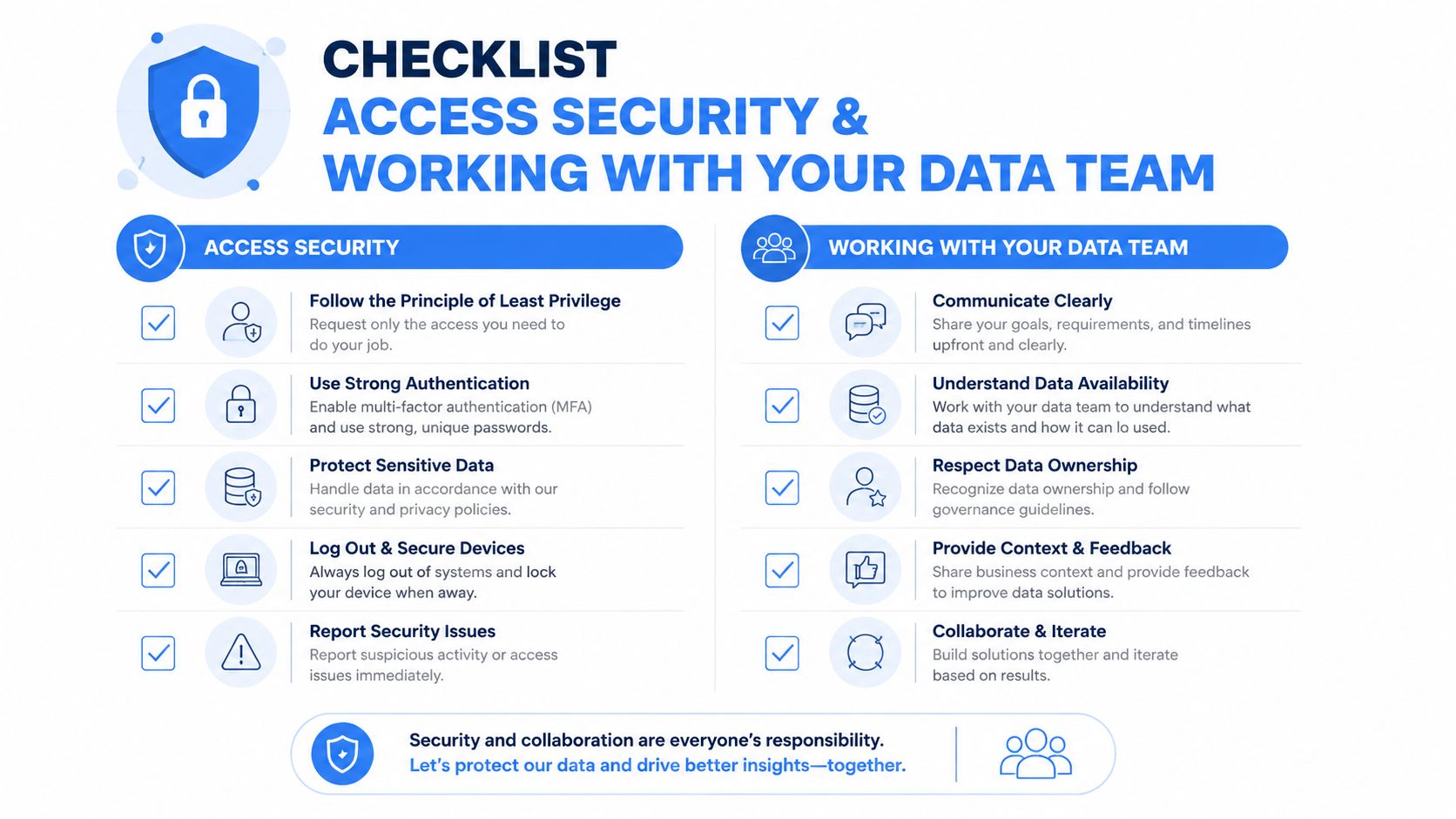 An infographic checklist for data security best practices and collaborating effectively with a professional data team.
